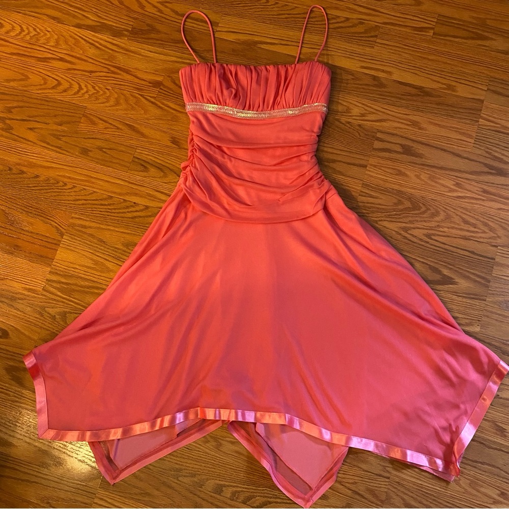 Vintage Y2K Fairy Dress Flutter Handkerchief Hem Sequin Ruched Pink Prom Beaded